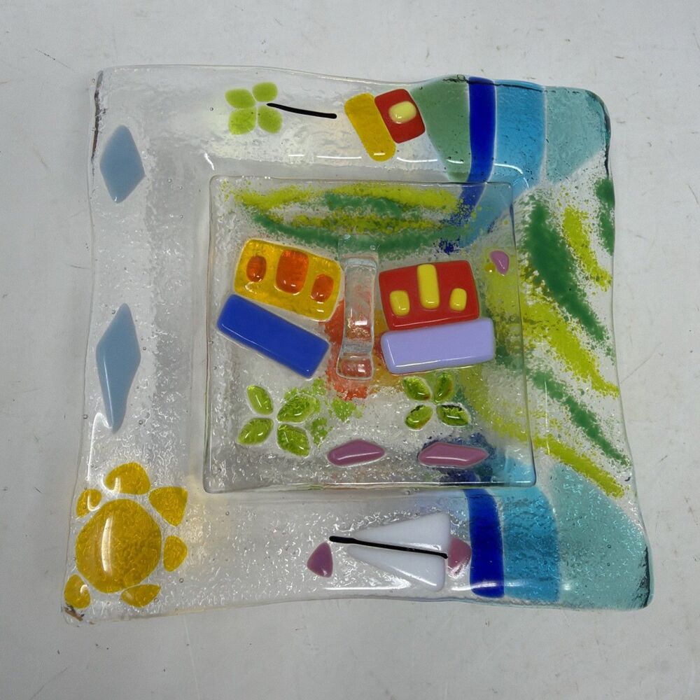 Handmade Fused Glass Lidded Trinket Box Village Scene Sailboat House Colorful